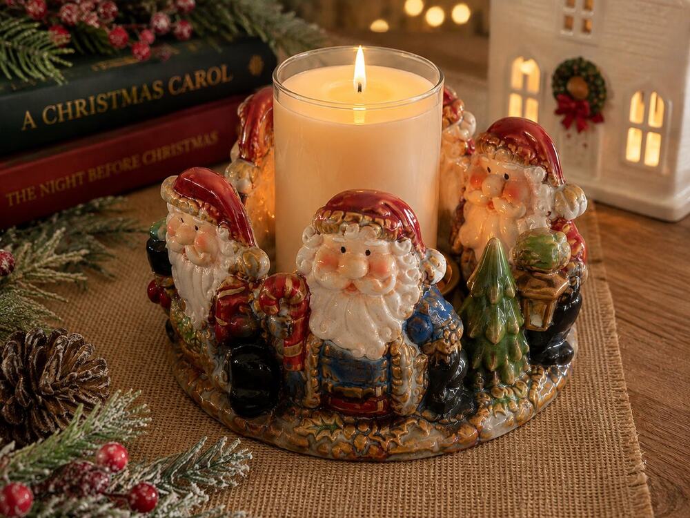 Vintage Ceramic Circle of Santas Candle Holder, Christmas Votive Centerpiece